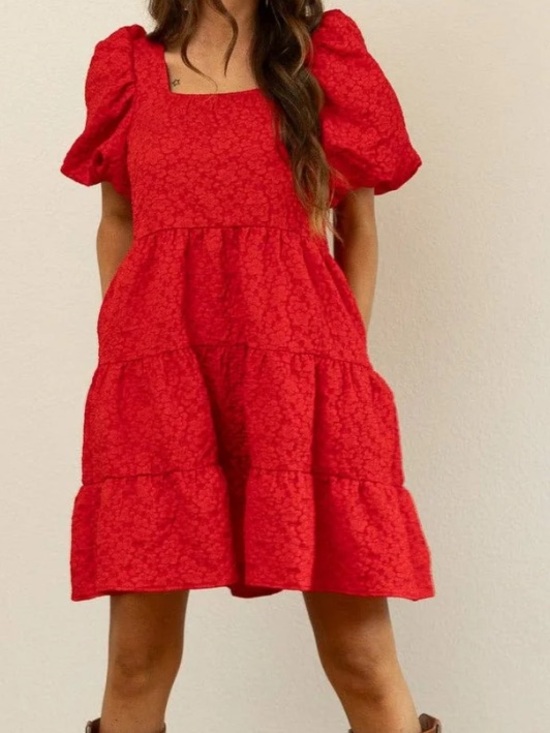 Southern Grace Dresses & Skirts - Southern Grace Jasmine Bright Red Puff-Sleeve Tiered Baby Doll Dress Size L